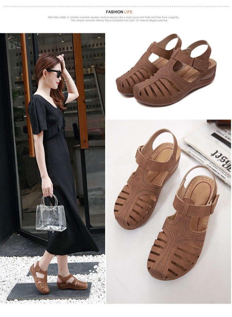 Loquat Retro Summer Sandals Women's Wedge Toe Sandals Brown - Image 2