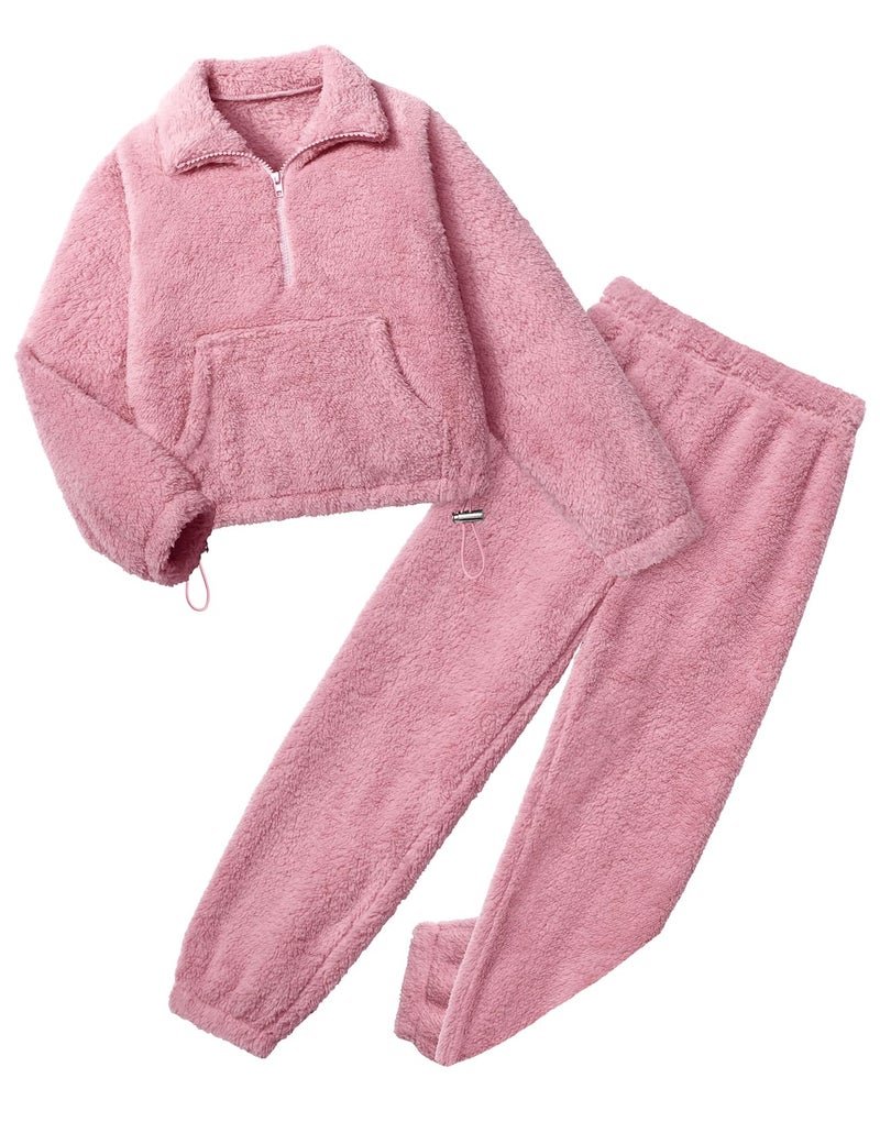 Yimoon Womens Fluffy Pajamas Set Warm Fleece Pjs Half Zip Pullover Pants 2 Piece Sleepwear Winter Fuzzy Loungewear(Pink-L) - Image 1