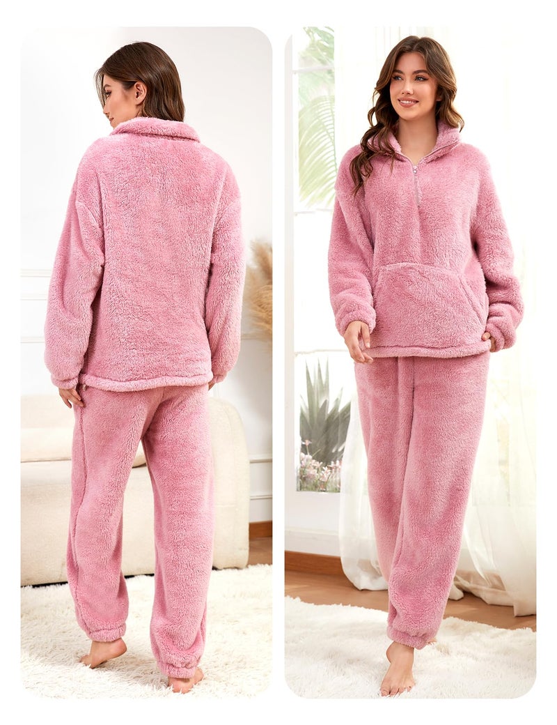 Yimoon Womens Fluffy Pajamas Set Warm Fleece Pjs Half Zip Pullover Pants 2 Piece Sleepwear Winter Fuzzy Loungewear(Pink-L) - Image 2