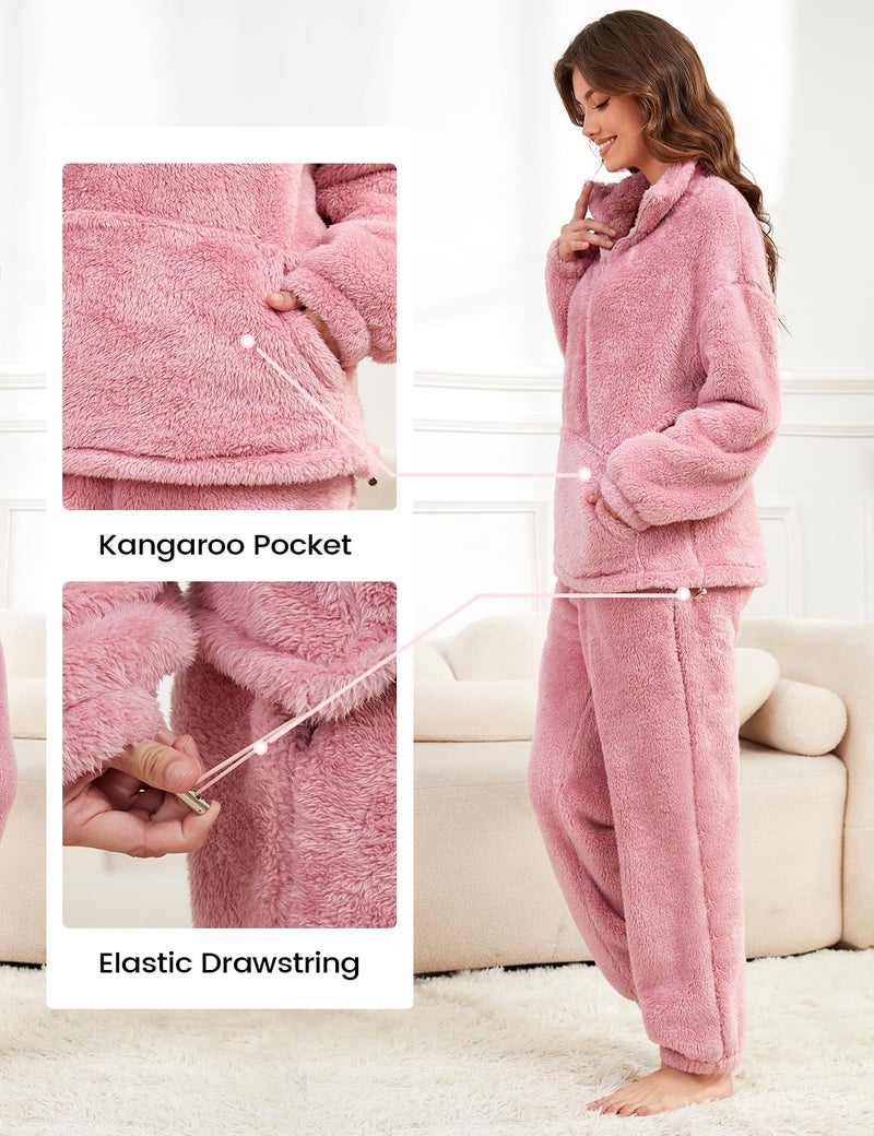 Yimoon Womens Fluffy Pajamas Set Warm Fleece Pjs Half Zip Pullover Pants 2 Piece Sleepwear Winter Fuzzy Loungewear(Pink-L) - Image 5