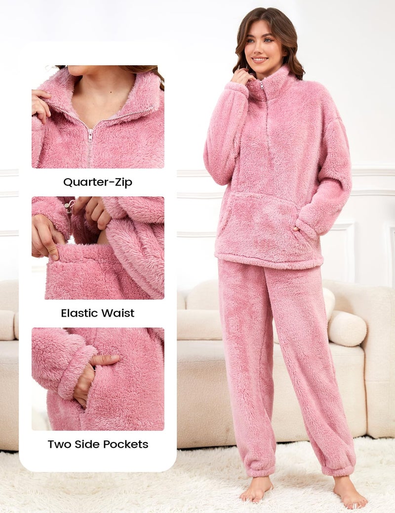 Yimoon Womens Fluffy Pajamas Set Warm Fleece Pjs Half Zip Pullover Pants 2 Piece Sleepwear Winter Fuzzy Loungewear(Pink-L) - Image 4