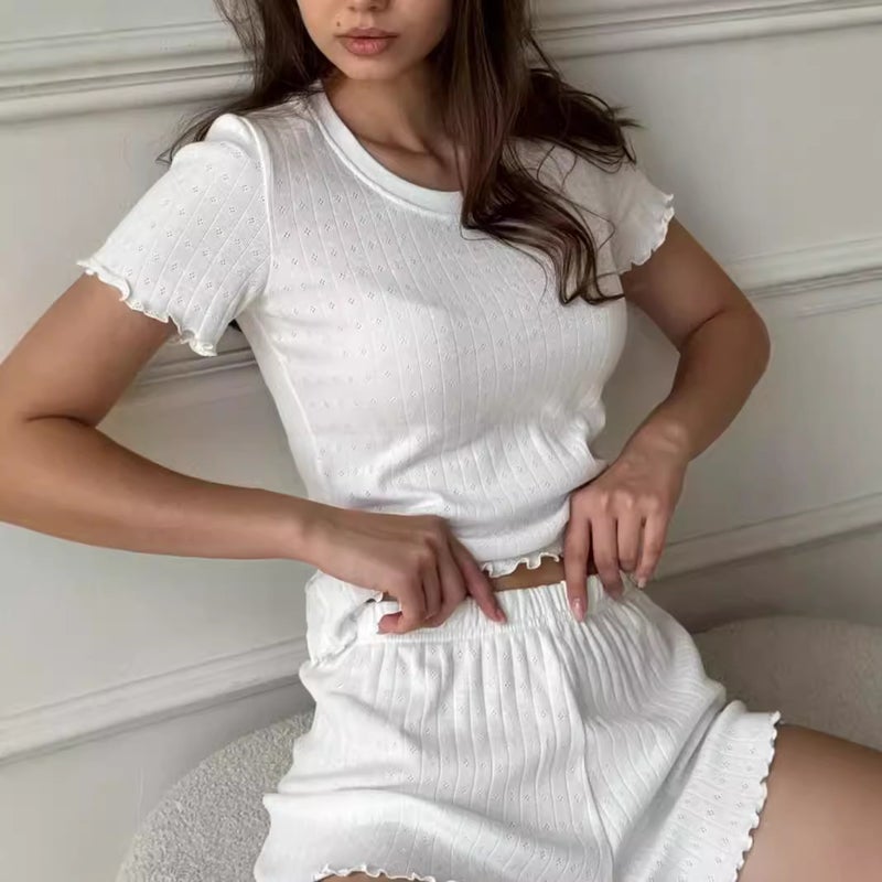 European and American Fashion Casual suit Jacquard Ear Edge Slim-fit Elegant Home Round Neck Short-sleeved Shorts Two-piece Set for Women Yf8389-white