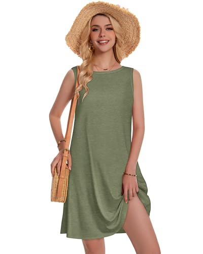 elescat Summer Dresses for Women Beach Boho Sleeveless Vintage Floral Flowy Pocket Tshirt Tank Sundresses(Lotus Leaf Green, M) - Image 4