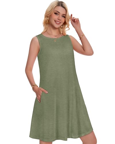 elescat Summer Dresses for Women Beach Boho Sleeveless Vintage Floral Flowy Pocket Tshirt Tank Sundresses(Lotus Leaf Green, M) - Image 2