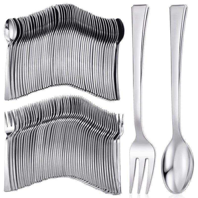 Yinkin 300 Pieces Plastic Mini Appetizer Forks and Spoon 453 Inch Stainless Steel Finished Silver Disposable Silverware Heavy Duty Plastic Tasting Dessert Tableware for Party Spoon and Fork