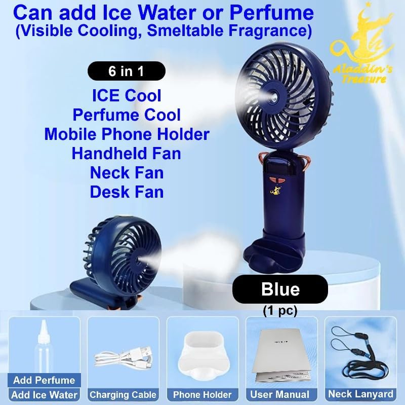 [6 in 1] Aladdin Fan Portable, High Speed Ice Cool Water Fan, ICE Wind+Perfume Cool+Mobile Phone Holder+Handheld+Neck+Desk Personal Fan,Large Battery, OLED, Visible Cooling Smeltable Fragrance (Blue) - Image 2