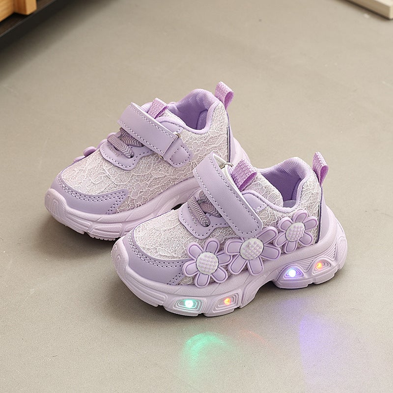 Children''s Luminous Dad Shoes 2026 Spring New Fashion Girls'' Floral Breathable Sneakers Baby Casual Shoes - Image 1