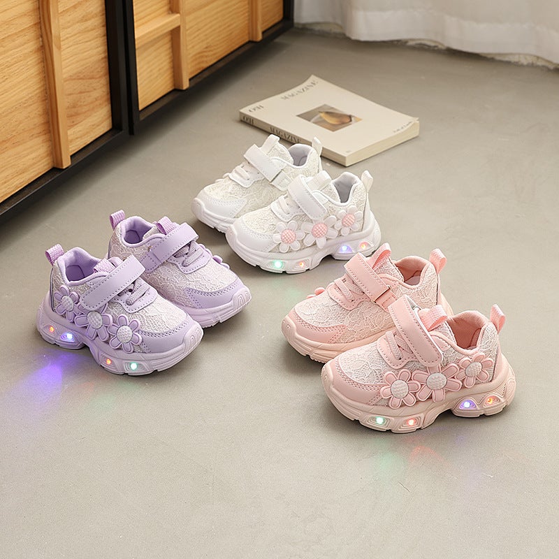 Children''s Luminous Dad Shoes 2026 Spring New Fashion Girls'' Floral Breathable Sneakers Baby Casual Shoes - Image 2