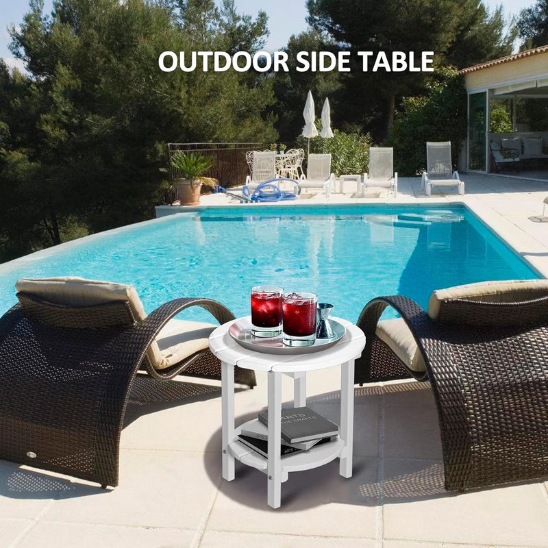 LOENIY 2 -Tier Outdoor Side Table HDPE Adirondack Table Patio Side Table with Wood-Like Grain Weather Resistant End Table Small Outdoor Table (Round, White) - Image 2