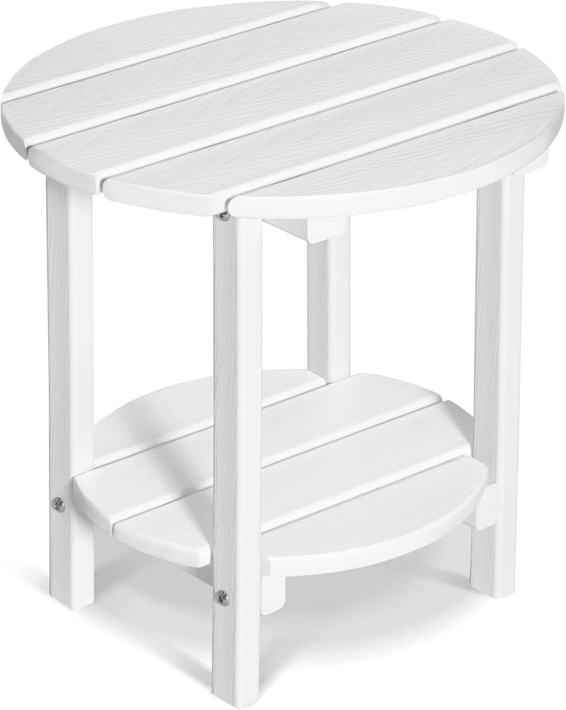LOENIY 2 -Tier Outdoor Side Table HDPE Adirondack Table Patio Side Table with Wood-Like Grain Weather Resistant End Table Small Outdoor Table (Round, White) - Image 1