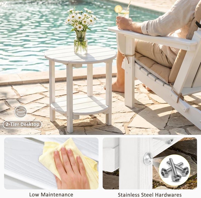 LOENIY 2 -Tier Outdoor Side Table HDPE Adirondack Table Patio Side Table with Wood-Like Grain Weather Resistant End Table Small Outdoor Table (Round, White) - Image 4