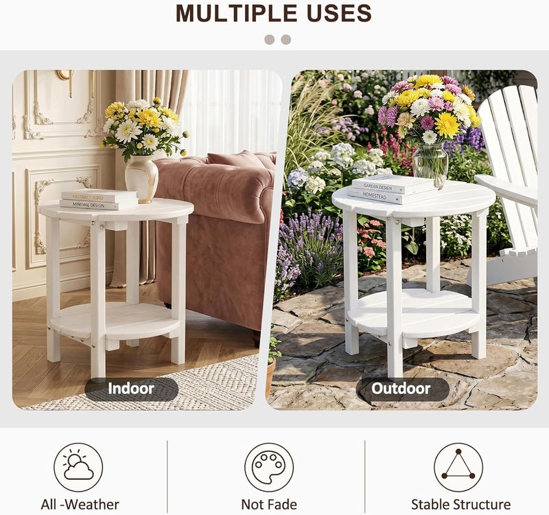 LOENIY 2 -Tier Outdoor Side Table HDPE Adirondack Table Patio Side Table with Wood-Like Grain Weather Resistant End Table Small Outdoor Table (Round, White) - Image 5