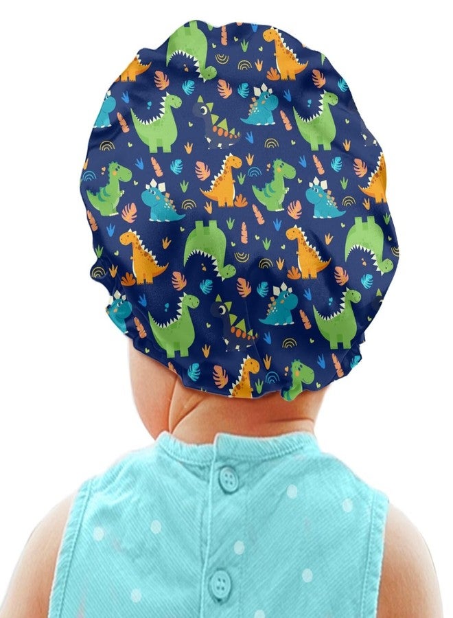 Babrukda Kids Satin Bonnet for Sleeping Cap with Elastic Wide Band Head Hair Cover, Cute Dinosaur Blue Night Sleep Caps Indoor Elastic Sleeping Beanie Headwear Night Hat for Toddler Baby - Image 1