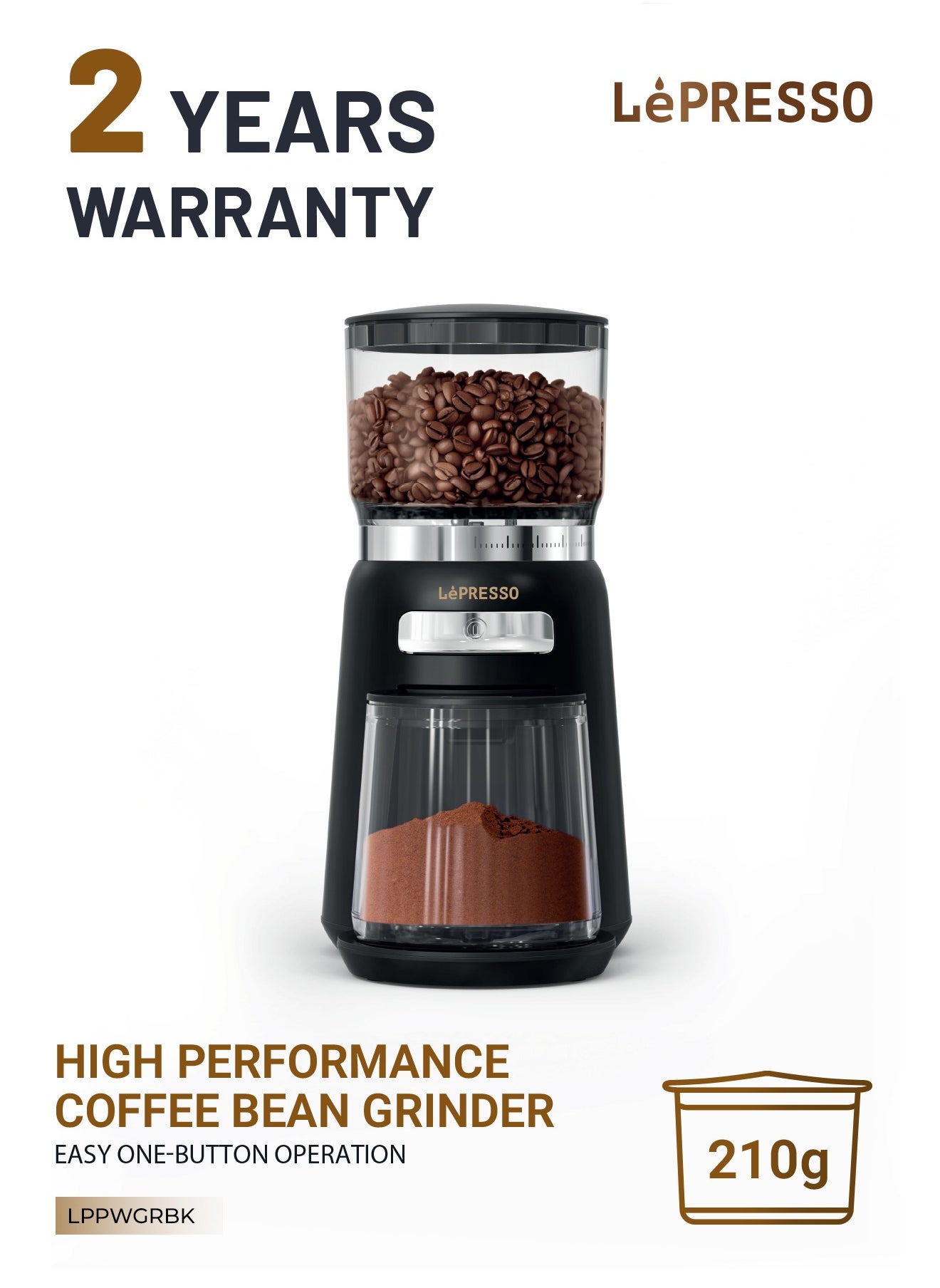 High Performance Coffee Bean Grinder SUS430 Steel Grade, 210g Bean Box Capacity, 20 Grinding Sizes - Black 