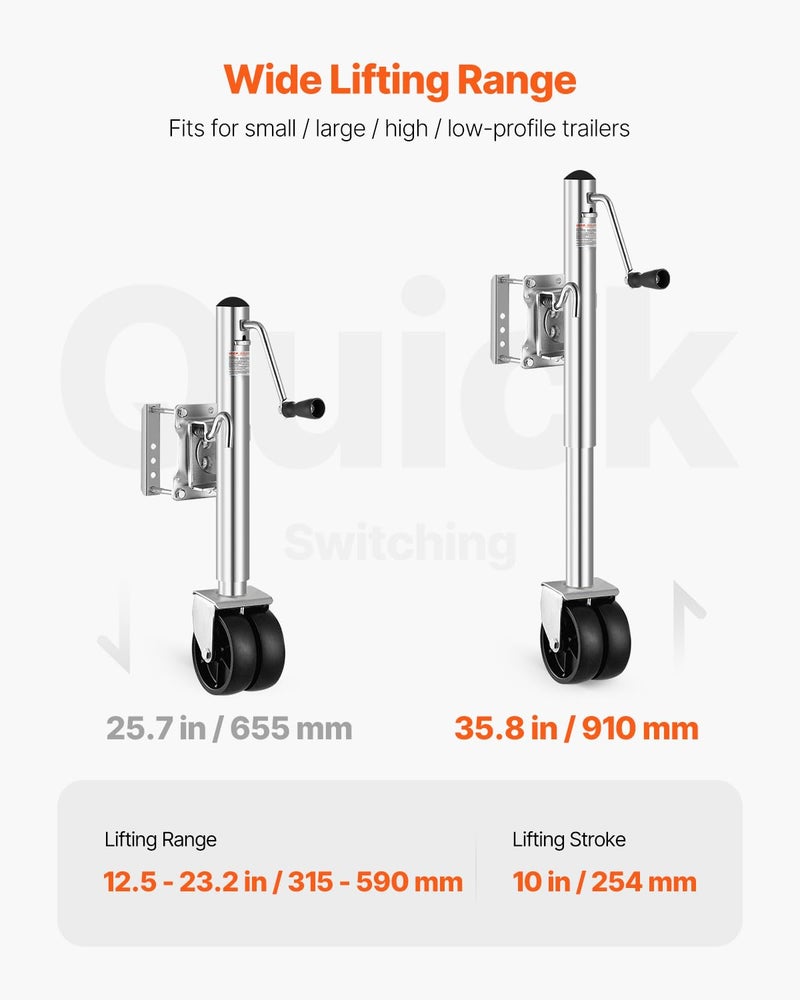 VEVOR Trailer Jack with Wheel, 2000 lbs Load Capacity, Heavy Duty Swivel Boat Trailer Jack with PP Single Wheel & Ergonomic Handle, 12-inch Lift, Fit for RVs, Boats, Horse Trailers, Utility Trailers - Image 3