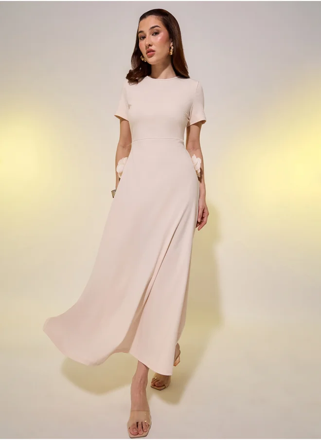 Styli Solid Short Sleeve A-Line Midi Dress with Corsage Detail