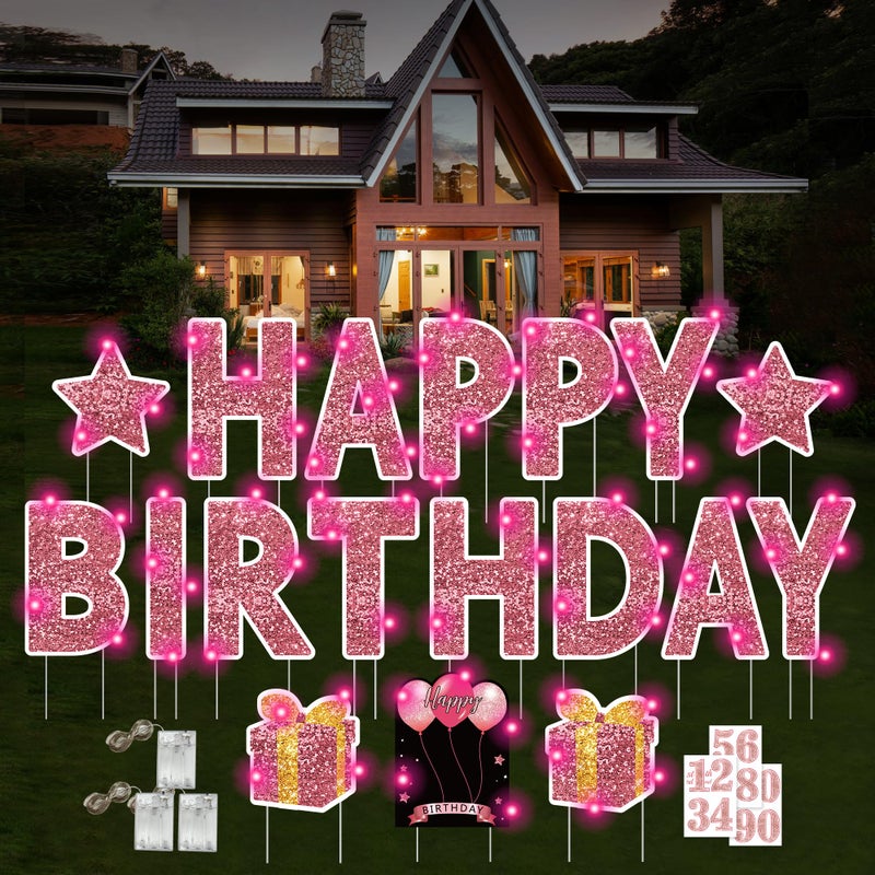 ComboJoy Happy Birthday Yard Sign with Stakes 18 Pcs Happy Birthday Yard Sign 3 Pcs LED Lights Personalized Age Happy Birthday Sign 16 Inches Waterproof Birthday Yard Lawn Party Decoration Pink