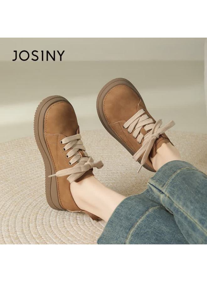 Josiny Zhuoshini Women's Thick-soled Leather Shoes French Style Thick-soled Birkenstock Casual Sneakers Camel Color Size 35 - Image 4