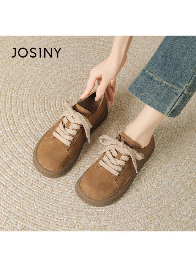 Josiny Zhuoshini Women's Thick-soled Leather Shoes French Style Thick-soled Birkenstock Casual Sneakers Camel Color Size 35 - Image 2