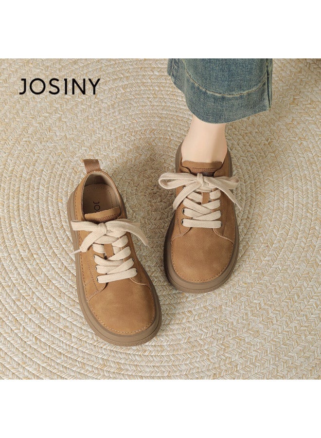 Josiny Zhuoshini Women's Thick-soled Leather Shoes French Style Thick-soled Birkenstock Casual Sneakers Camel Color Size 35 - Image 3