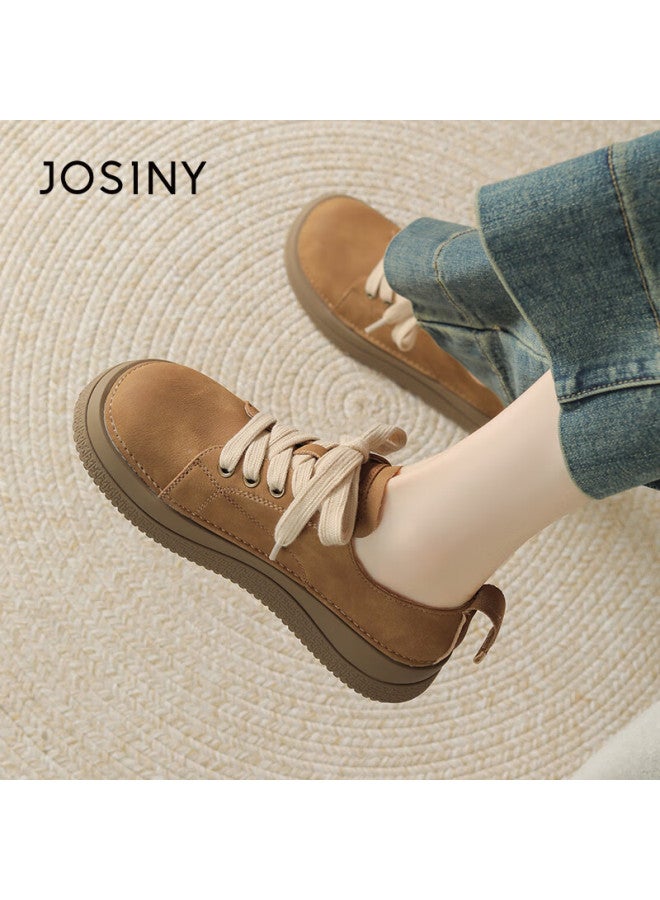 Josiny Zhuoshini Women's Thick-soled Leather Shoes French Style Thick-soled Birkenstock Casual Sneakers Camel Color Size 35 - Image 5