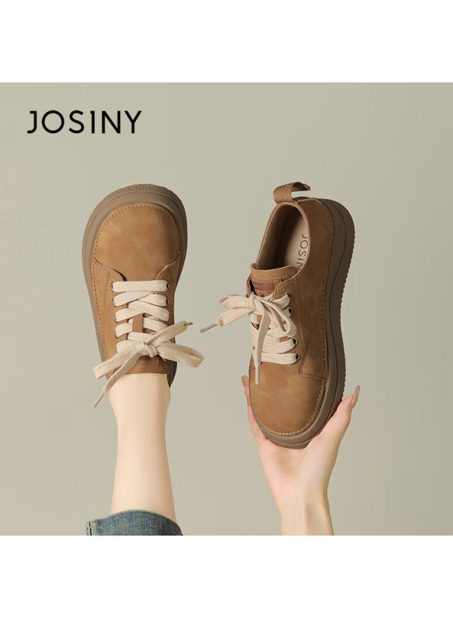 Josiny Zhuoshini Women's Thick-soled Leather Shoes French Style Thick-soled Birkenstock Casual Sneakers Camel Color Size 35 - Image 1
