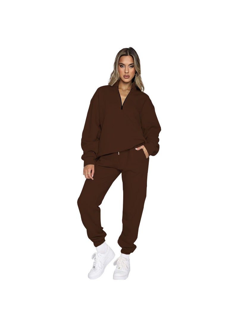 Generic - Autumn Winter Solid Zip-up Turtleneck Sweatshirt and Pants Set Coffee - Image 1