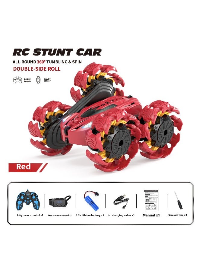 2.4G Explosive Wheel Remote Control Car Gesture Induction Rollover Double-sided Stunt Car Four-wheel Drive Off-road Vehicle Children's Toys-Color:Explosive Wheel Stunt Car Dual Remote Control-red  - Image 1