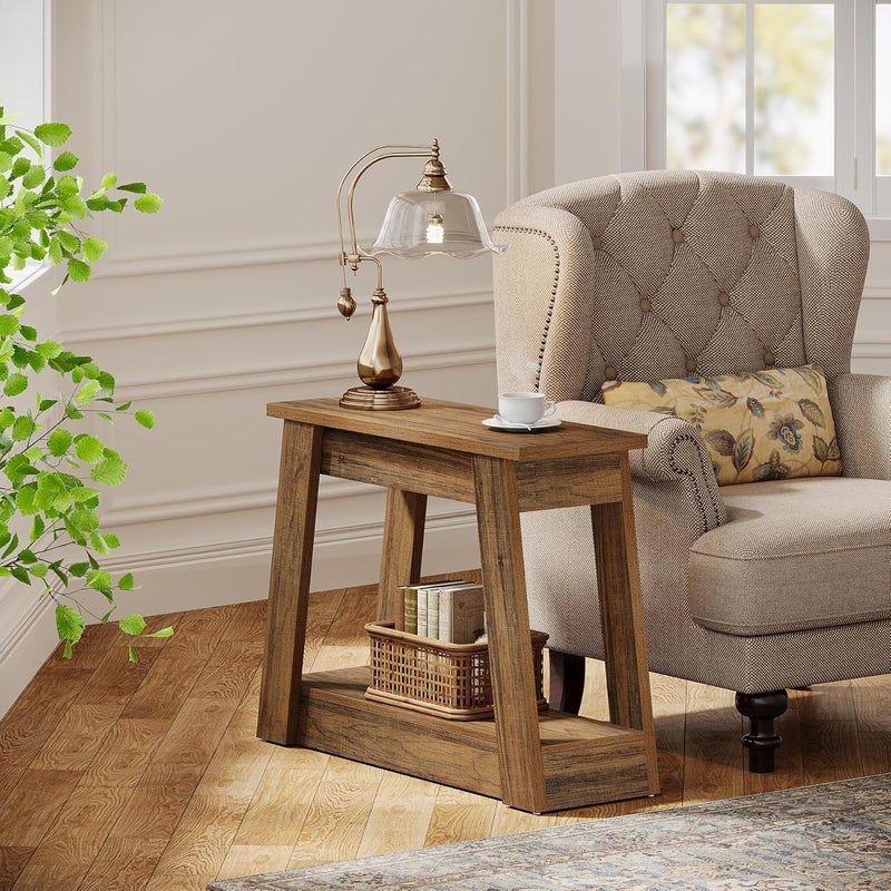 Tribesigns Budget global standard quality Wood End Table, Small Side Table with 2 Storage Shelves, Rustic Accent Narrow Nightstand for Living Room, Bedroom (1) Multiple design variants - Image 5
