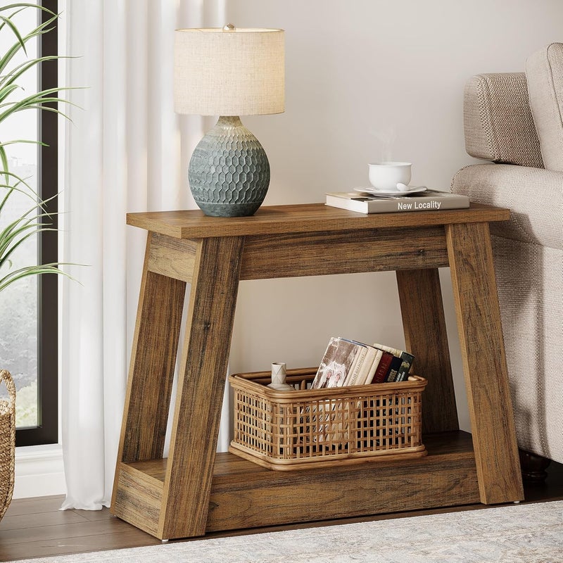 Tribesigns Budget global standard quality Wood End Table, Small Side Table with 2 Storage Shelves, Rustic Accent Narrow Nightstand for Living Room, Bedroom (1) Multiple design variants - Image 3