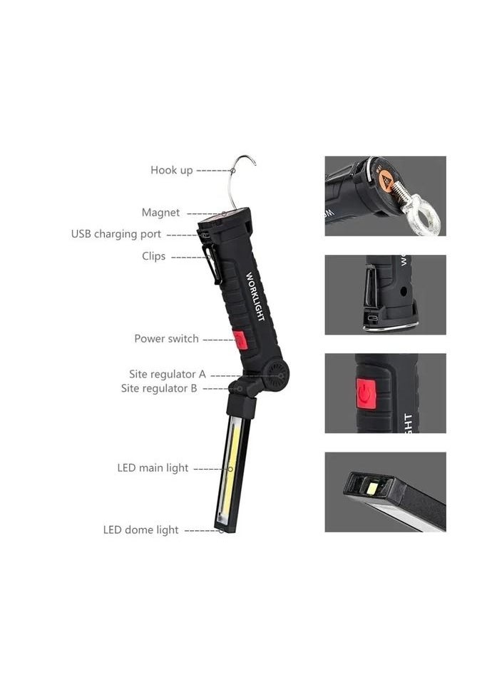 Generic - 1-Piece Portable LED Work Light,USB Rechargeable Lamp with Magnetic Base Using Emergency,Collapsible Led Flashlight Torch for Car Repair Camping Home,Colour Black - Image 1
