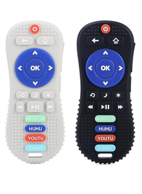 ECVV 2 Pack Silicone Baby Teething Toys Remote Control Shape Baby Relief Teether BPA Free Remote Teether Chew Toys for Toddlers Infant (Black & Gray)