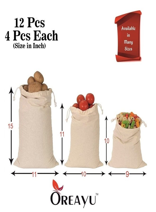 OREAYU ™ 12 Muslin Cotton Drawstring bag Multipurpose Kitchen Storage Bags - Fridge Bags - Reusable Bags - Grocery Bags - Refrigerator Bag -Vegetable & Fruit Storage Bags 12 Bags - Image 2