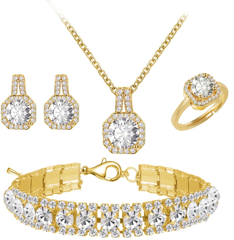 Paxuan 4pcs Cubic Zirconia Wedding Jewelry Sets for Bride & Bridesmaid - Gold Plated White Cubic Zirconia Pendant, Earrings, Link Tennis Bracelet & Open Ring Set - Image 1