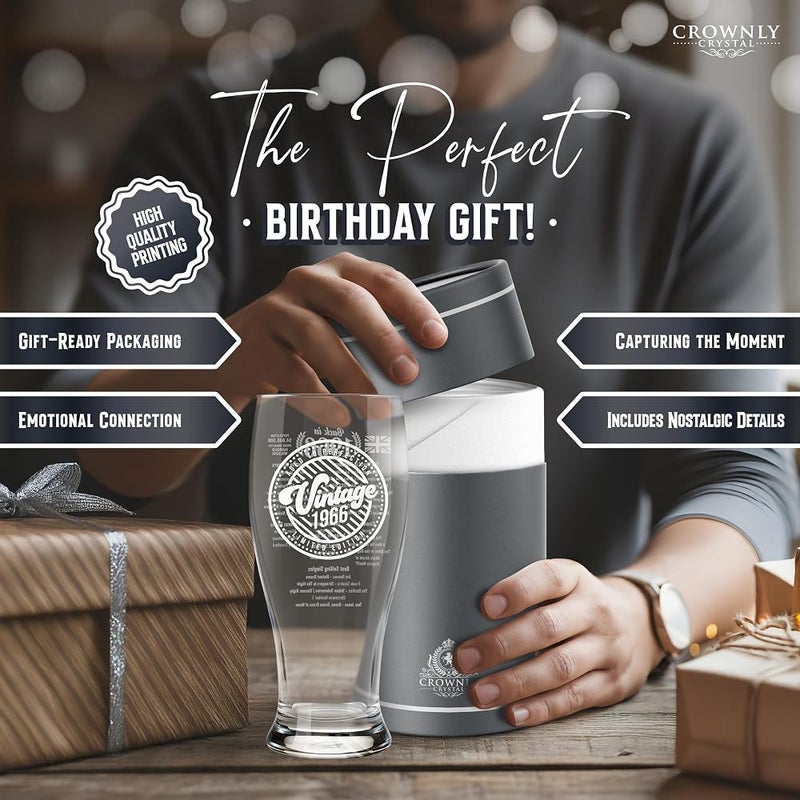 CROWNLY CRYSTAL 60th Birthday Gifts for Men Pint Glass 1966 570 ml Personalised Gifts for Men – Dad Husband Grandad Brother – Gift from Daughter Son Wife - Image 2