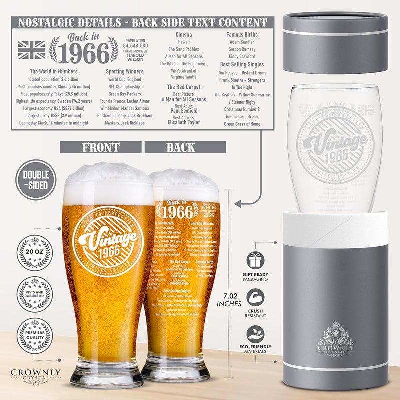 CROWNLY CRYSTAL 60th Birthday Gifts for Men Pint Glass 1966 570 ml Personalised Gifts for Men – Dad Husband Grandad Brother – Gift from Daughter Son Wife - Image 3