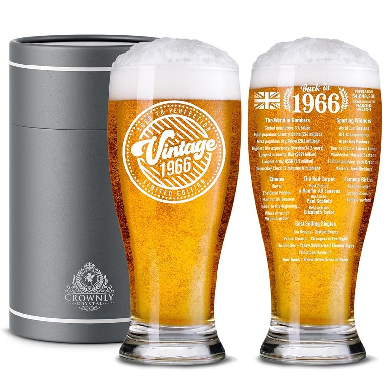 CROWNLY CRYSTAL 60th Birthday Gifts for Men Pint Glass 1966 570 ml Personalised Gifts for Men – Dad Husband Grandad Brother – Gift from Daughter Son Wife - Image 1