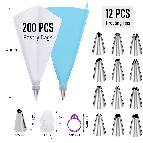 Wddeevoi 200Pcs Piping Bags and Tips Set, 12 Inch Pastry Bags, Cakes Decorating Kit Supplies, Icing Bags Disposable with 1 Reusable Piping Bags, 12 Frosting Tips, 2 Couplers, 2 Bag Ties - Image 2