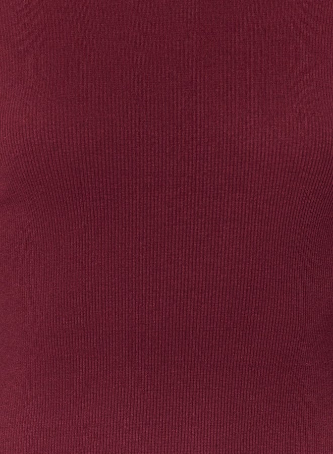 trendyol Burgundy Ribbed Back Detail Crew Neck Fitted Mini Stretch Knit Dress TWOAW24EL00390 - Image 4