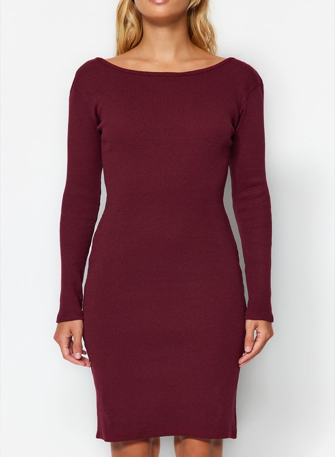 trendyol Burgundy Ribbed Back Detail Crew Neck Fitted Mini Stretch Knit Dress TWOAW24EL00390 - Image 5