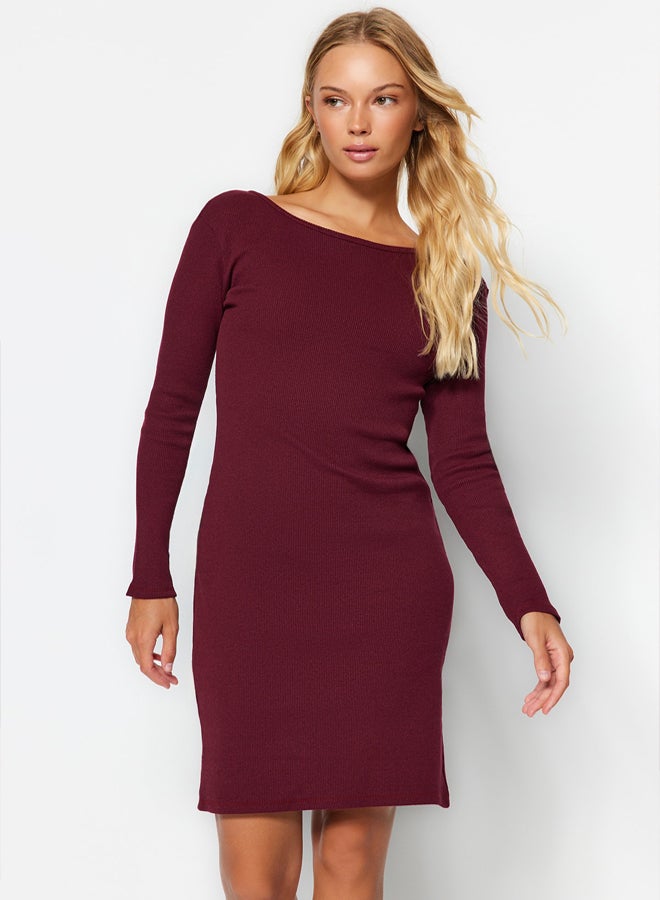 trendyol Burgundy Ribbed Back Detail Crew Neck Fitted Mini Stretch Knit Dress TWOAW24EL00390 - Image 3