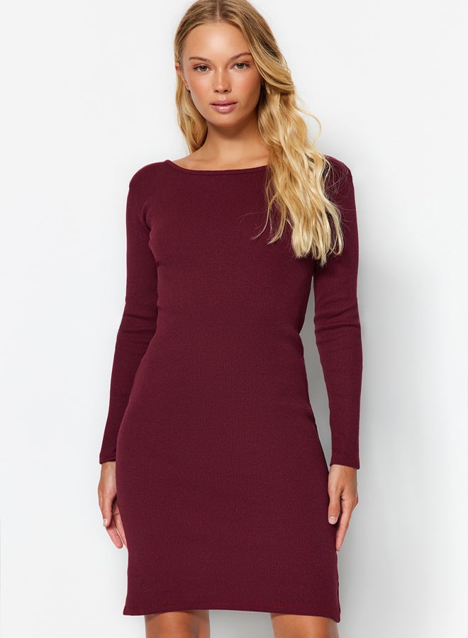trendyol Burgundy Ribbed Back Detail Crew Neck Fitted Mini Stretch Knit Dress TWOAW24EL00390 - Image 2