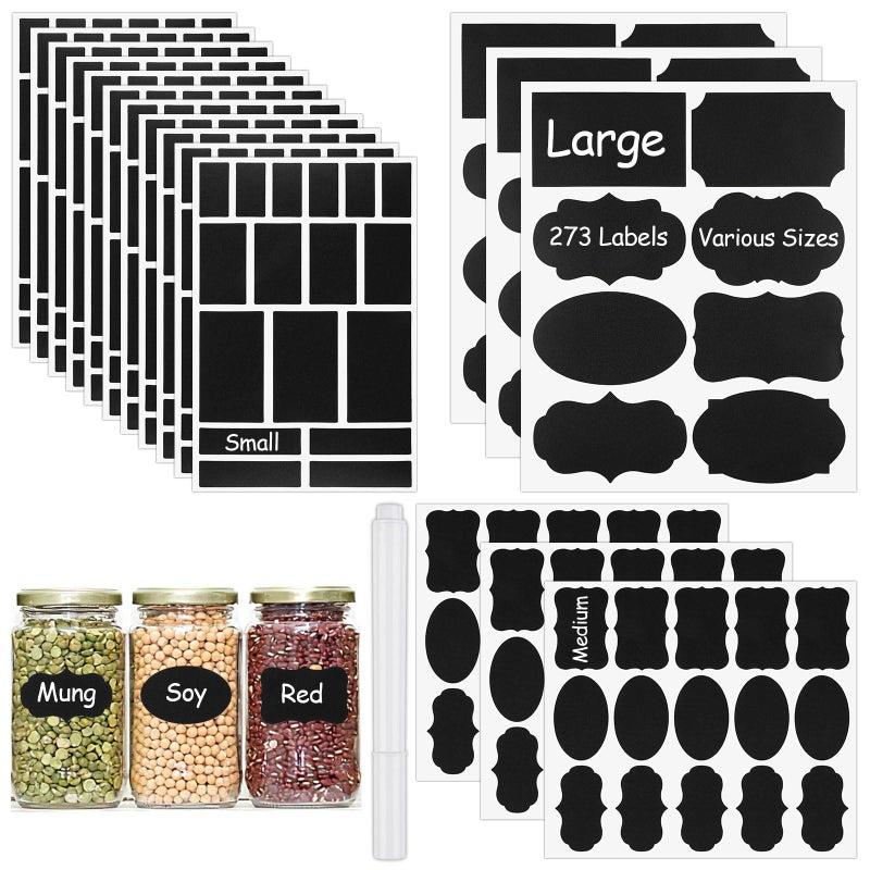PEASUG 273 Pcs Labels for Jars, Waterproof Reusable Chalkboard Labels for Food Containers, Bottles, Blackboard Stickers with 1 Erasable Chalk Marker (Black) - Image 1