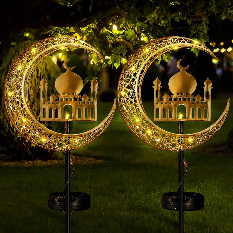 Tujoe 2 Pcs Eid Mubarak Solar Lights Eid Al Adha Outdoor Decorations Mubarak Star Moon Lights Solar Stakes Waterproof for Outdoor Decorations Garden Walkway Lawn Patio YardMuslim - Image 2