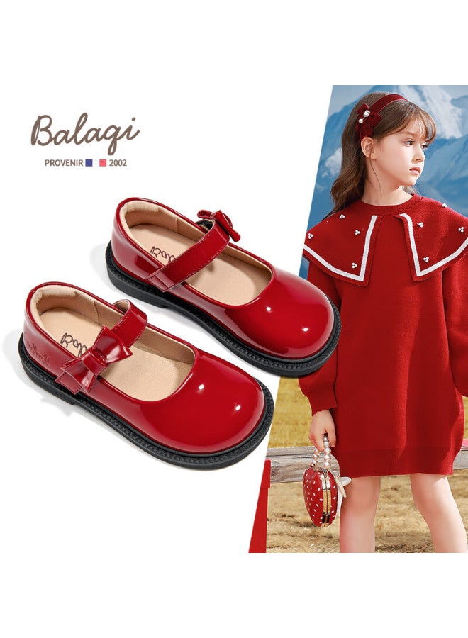 Balaqi Children's Leather Shoes Girls Spring Autumn Glossy Classic Performance School Shoes Bl3308 Red Size 30 - Image 1