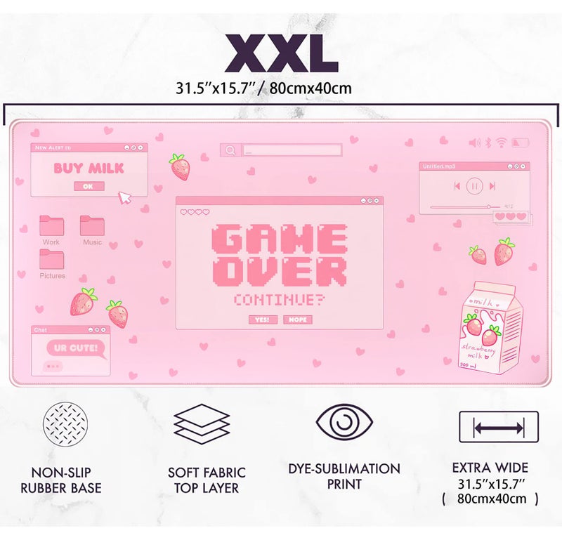 Mechanical Cattle Pink Kawaii Anime Gaming Mouse Pad XXL, Strawberry Milk Mousepad Large, Aesthetic Laptop Keyboard Mats, Full Desk Mouse Mat for Women Girl 31.5X15.7 in - Image 3