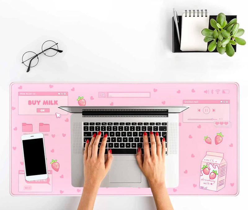 Mechanical Cattle Pink Kawaii Anime Gaming Mouse Pad XXL, Strawberry Milk Mousepad Large, Aesthetic Laptop Keyboard Mats, Full Desk Mouse Mat for Women Girl 31.5X15.7 in - Image 5