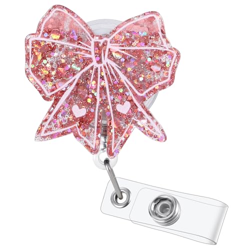 BVIIE Cute Pink Bow Badge Reel | Retractable ID Card Badge Holder | Name Tag Work Badge Clip for RN LPN CNA MA ER Night Shift Nurse Nursing Student Doctor Teacher | Nurse Gifts | Acrylic｜Alligator Clip - Image 1