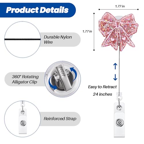 BVIIE Cute Pink Bow Badge Reel | Retractable ID Card Badge Holder | Name Tag Work Badge Clip for RN LPN CNA MA ER Night Shift Nurse Nursing Student Doctor Teacher | Nurse Gifts | Acrylic｜Alligator Clip - Image 3