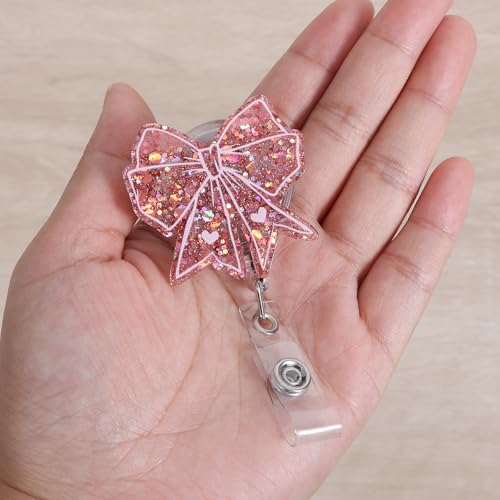 BVIIE Cute Pink Bow Badge Reel | Retractable ID Card Badge Holder | Name Tag Work Badge Clip for RN LPN CNA MA ER Night Shift Nurse Nursing Student Doctor Teacher | Nurse Gifts | Acrylic｜Alligator Clip - Image 2